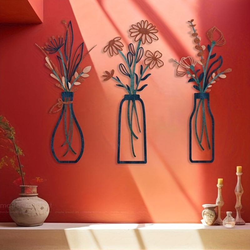 Home Decor Vase With Flowers - 3 Large Floral Wall Art Sculptures