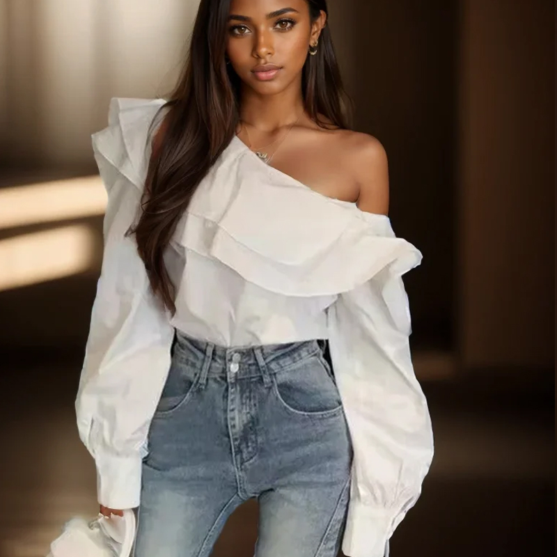 Home Decor Zara - Vintage Ruffled Off Shoulder White Shirt