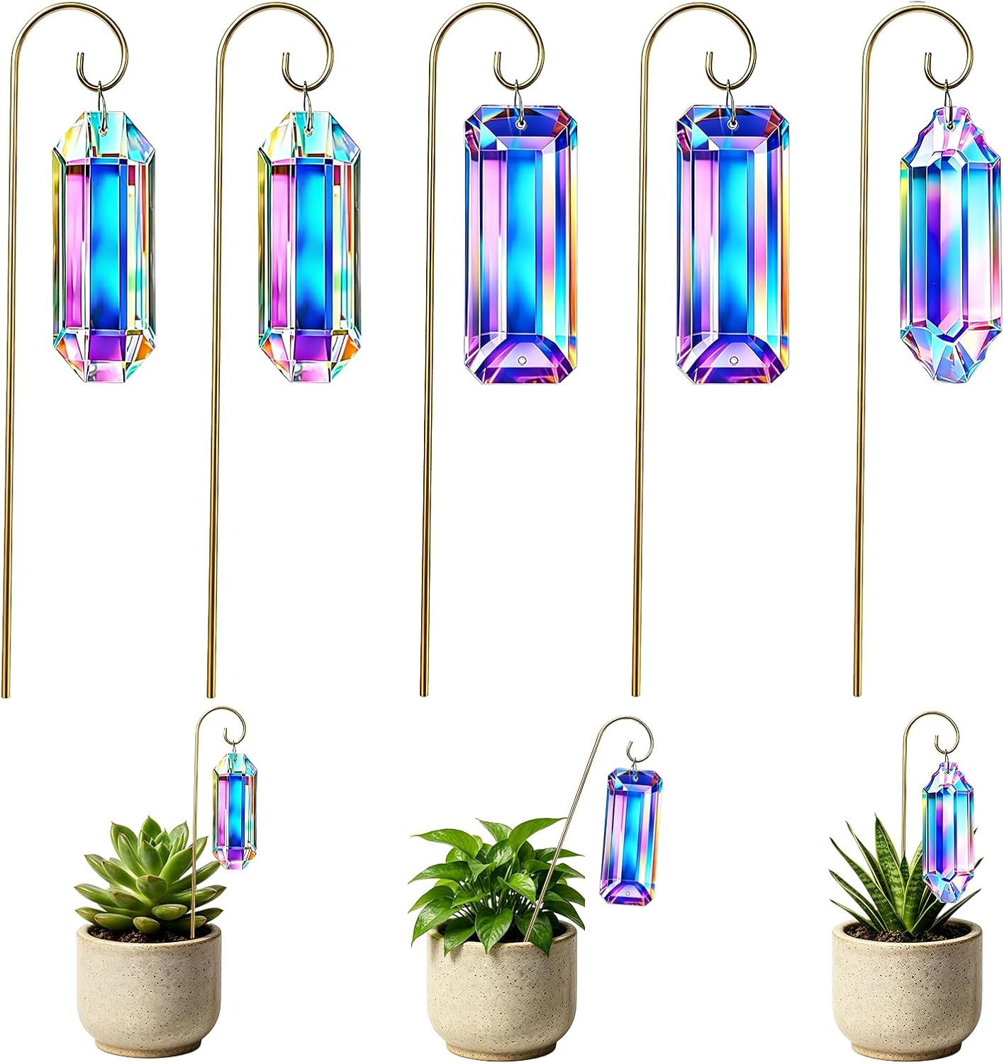Crystal Sun Catcher - 5PC Crystal Suncatcher Plant Stakes Golden