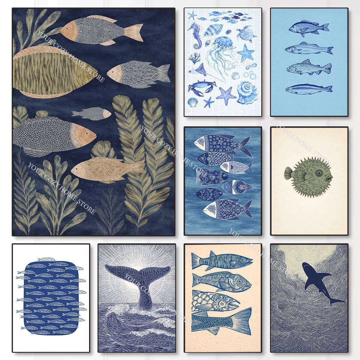 Home Decor Theme - Minimalist Nautical Fish and Waves Art